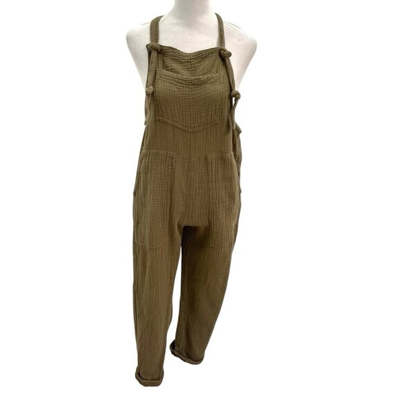 AERIE Gauze Cotton Tie Knot Overalls Lightweight Rolled Leg Olive Green sz Small - Picture 1 of 9